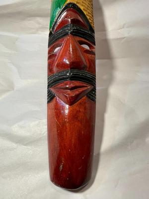 Vintage Jamaican Wooden Mask Wall Hanger Hand Carved 20.5" Long in Good Preowned Condition as Pictured.