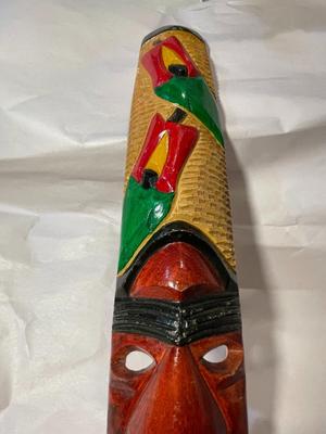 Vintage Jamaican Wooden Mask Wall Hanger Hand Carved 20.5" Long in Good Preowned Condition as Pictured.