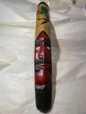 Vintage Jamaican Wooden Mask Wall Hanger Hand Carved 23.5" Long in Good Preowned Condition as Pictured.
