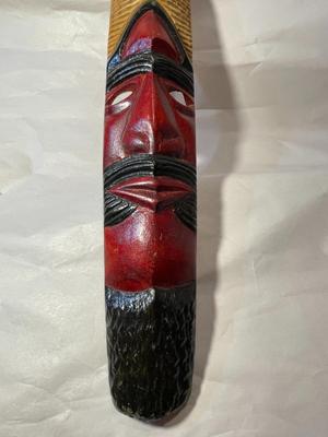 Vintage Jamaican Wooden Mask Wall Hanger Hand Carved 23.5" Long in Good Preowned Condition as Pictured.