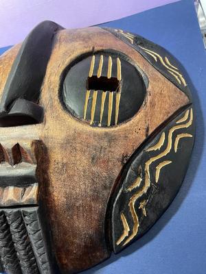 Vintage Earlier African Tribal Wooden Large Mask Wall Hanger Hand Carved 10.5" in Diameter as Pictured.