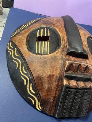 Vintage Earlier African Tribal Wooden Large Mask Wall Hanger Hand Carved 10.5" in Diameter as Pictured.