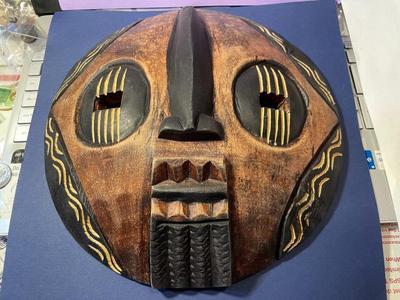 Vintage Earlier African Tribal Wooden Large Mask Wall Hanger Hand Carved 10.5" in Diameter as Pictured.