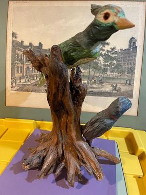 Vintage Driftwood Birds Artwork on a Bark/Branch 15.50” Tall in Good Preowned Condition, Very Nicely Done.