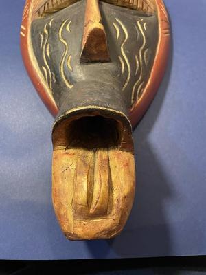 Vintage African Tribal Hand Carved Wooden Large Mask Wall Hanger 15.25” Long in Good Preowned Condition,