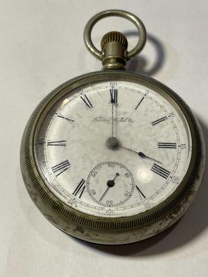 Antique Open-Faced Early Trenton Watch Company Silver-toned Pocket Watch in Not Working Condition. Needs New Crystal.