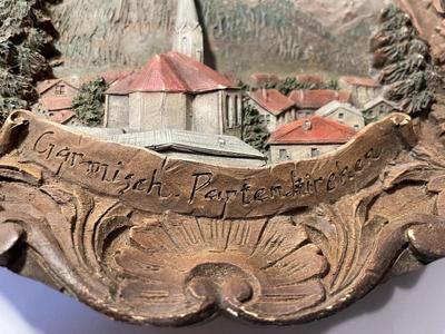 Vintage German GARMISCH PARTENKIRCHEN Carved Wood Composite Plate Hand-Painted 9" Diameter.