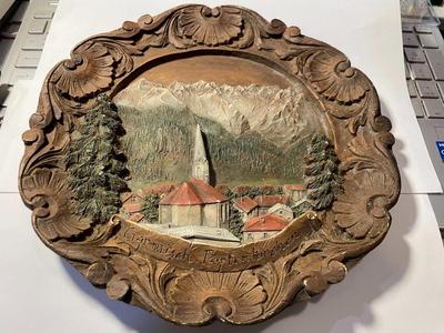 Vintage German GARMISCH PARTENKIRCHEN Carved Wood Composite Plate Hand-Painted 9" Diameter.