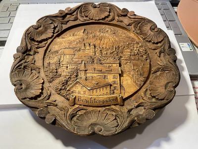Vintage German Berchtesgaden Village Carved Wood Composite Plate Hand-Painted 9" Diameter.