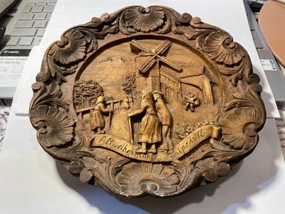 Vintage German Windmill Carved Wood Composite Plate Hand-Painted 9" Diameter.