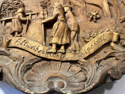 Vintage German Windmill Carved Wood Composite Plate Hand-Painted 9" Diameter.