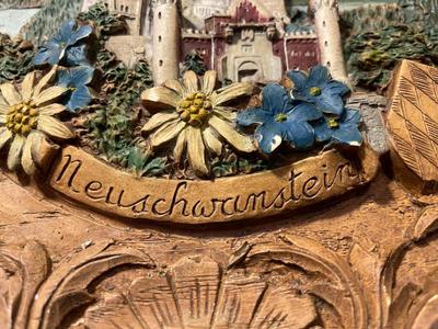 Vintage German Neuschwanstein Castle Carved Wood Composite Plate Hand-Painted 9" Diameter.