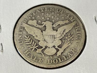 1912-S CIRCULATED CONDITION BARBER SILVER HALF DOLLAR AS PICTURED.