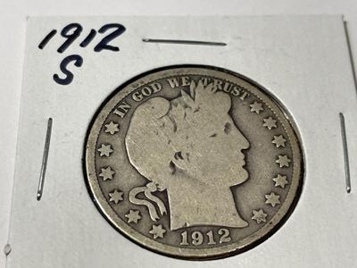 1912-S CIRCULATED CONDITION BARBER SILVER HALF DOLLAR AS PICTURED.