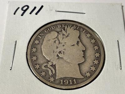 1911-P CIRCULATED CONDITION BARBER SILVER HALF DOLLAR AS PICTURED.