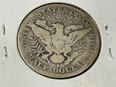 1902-S CIRCULATED CONDITION BARBER SILVER HALF DOLLAR AS PICTURED.