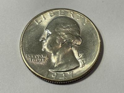 1947-D UNCIRCULATED CONDITION WASHINGTON SILVER QUARTER AS PICTURED.