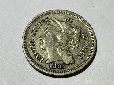 1881 VERY FINE CONDITION THREE CENT NICKEL TYPE COIN AS PICTURED.