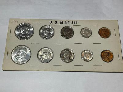 10-Coin U.S. 1961- P & D Silver Mint Set Coins in an Old Mid-Century Holder as Pictured.