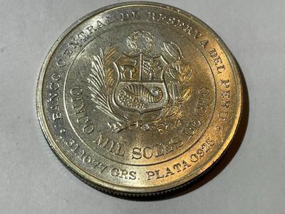 Peru 1979 Uncirculated Condition 5000 Soles de Oro .925 Silver 33.6 Grams Battle of Iquique KM# 276 as Pictured,