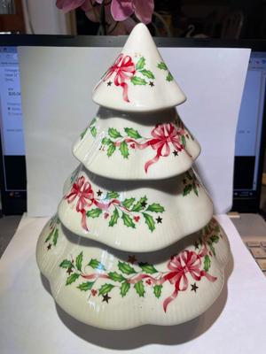 Vintage Lenox Porcelain Christmas Tree 10" Tall w/Red Ribbon Design with Holly in VG Preowned Condition.