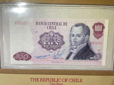 Republic of Chile 100 Pesos 1981 Banknote/Currency in Uncirculated Condition by Fleetwood as Pictured.