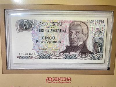 Argentina 5 Pesos/Argentinos Banknote/Currency in Uncirculated Condition by Fleetwood as Pictured.