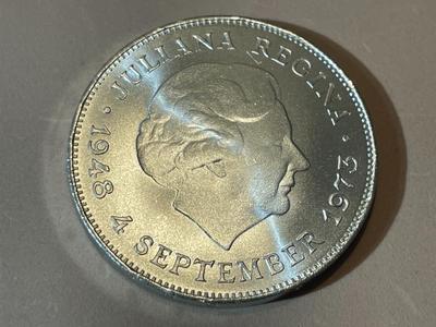 Netherlands 1973 Choice BU Silver 10 Gulden Juliana Large Silver Coin from an Original Roll.