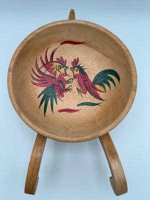 Vintage Fred Roberts Co. Wooden Wheelbarrow Snack Bowl, Hand Painted Roosters