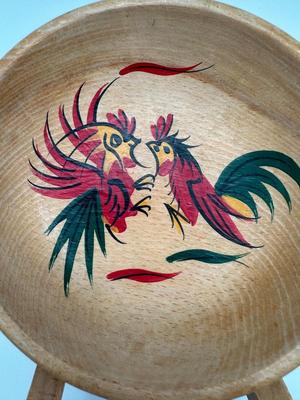 Vintage Fred Roberts Co. Wooden Wheelbarrow Snack Bowl, Hand Painted Roosters