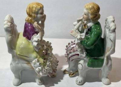 Pair of Vintage Bone China Lace Young Woman & Man on Chair Figurines 4" Tall in VG Preowned Condition.