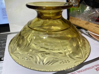 Vintage Lancaster Yellow Depression Glass Serving Bowl w/Etched Flowers 10" Diameter & 4.5" Tall in VG Preowned Condition.