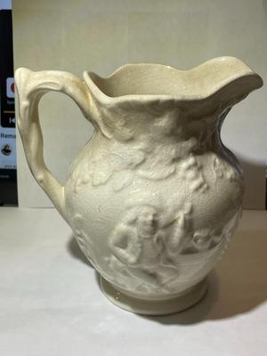 Vintage Spode Made in England Milk Pitcher Bas Relief Grapes Men Drinking All White 6" Tall. (Has Crazing).