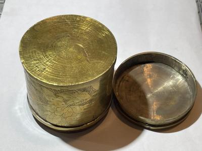 Vintage Asian Engraved Brass Tobacco/Tea Caddy Canister 3" Tall in Good Preowned Condition.