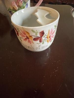 PORCELAIN CLOWN, TEAPOT FROM GERMANY, MUSTACHE CUP AND 2 HANDLED CUP