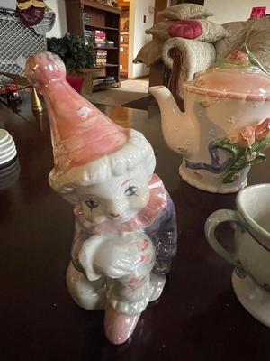 PORCELAIN CLOWN, TEAPOT FROM GERMANY, MUSTACHE CUP AND 2 HANDLED CUP
