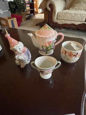 PORCELAIN CLOWN, TEAPOT FROM GERMANY, MUSTACHE CUP AND 2 HANDLED CUP