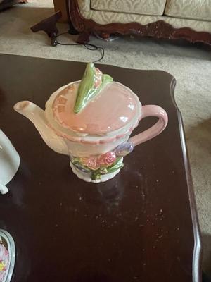 PORCELAIN CLOWN, TEAPOT FROM GERMANY, MUSTACHE CUP AND 2 HANDLED CUP
