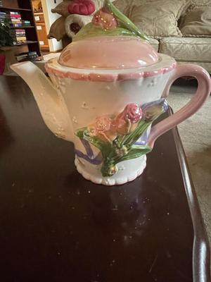 PORCELAIN CLOWN, TEAPOT FROM GERMANY, MUSTACHE CUP AND 2 HANDLED CUP
