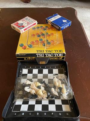 THREE DIMENSIONAL TIC TAC TOE, MAGNETIC CHESS SET & DECKS OF CARDS