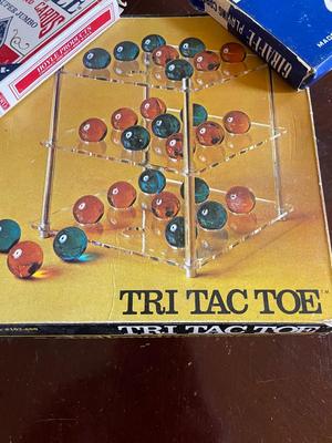 THREE DIMENSIONAL TIC TAC TOE, MAGNETIC CHESS SET & DECKS OF CARDS