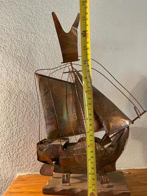THREE-MASTED METAL SHIP WALL HANGING & MUSICAL NAUTICAL COPPER SHIP
