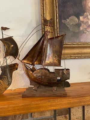 THREE-MASTED METAL SHIP WALL HANGING & MUSICAL NAUTICAL COPPER SHIP