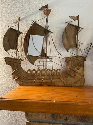THREE-MASTED METAL SHIP WALL HANGING & MUSICAL NAUTICAL COPPER SHIP