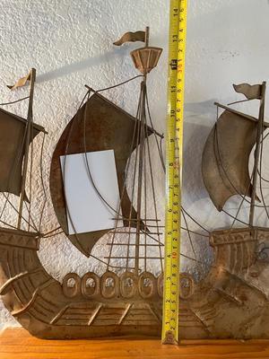 THREE-MASTED METAL SHIP WALL HANGING & MUSICAL NAUTICAL COPPER SHIP