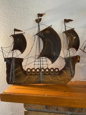 THREE-MASTED METAL SHIP WALL HANGING & MUSICAL NAUTICAL COPPER SHIP