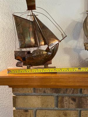 THREE-MASTED METAL SHIP WALL HANGING & MUSICAL NAUTICAL COPPER SHIP