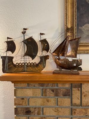 THREE-MASTED METAL SHIP WALL HANGING & MUSICAL NAUTICAL COPPER SHIP