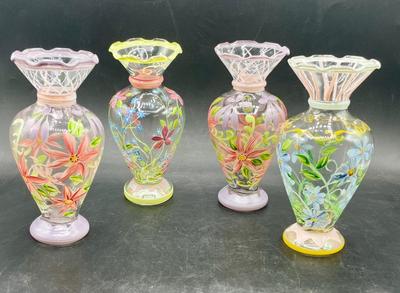 Sale Photo Thumbnail #14: Lot of 4 hand- painted glass flower vases.  Approx. 7.5” tall.