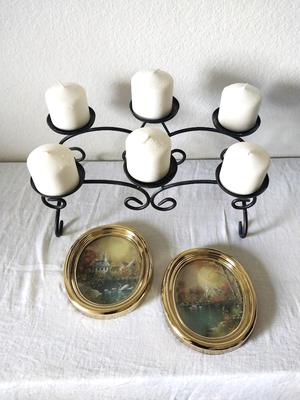 Two Oval Scenery Pictures & Black Candle Holder of Six